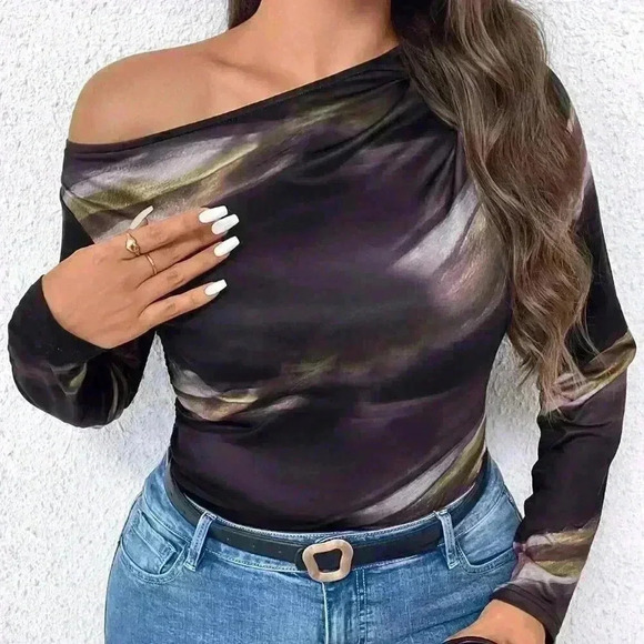 multicolor Casual Women's Plus Size Tie Dye Asymmetrical neck Shirt - Picture 1 of 6